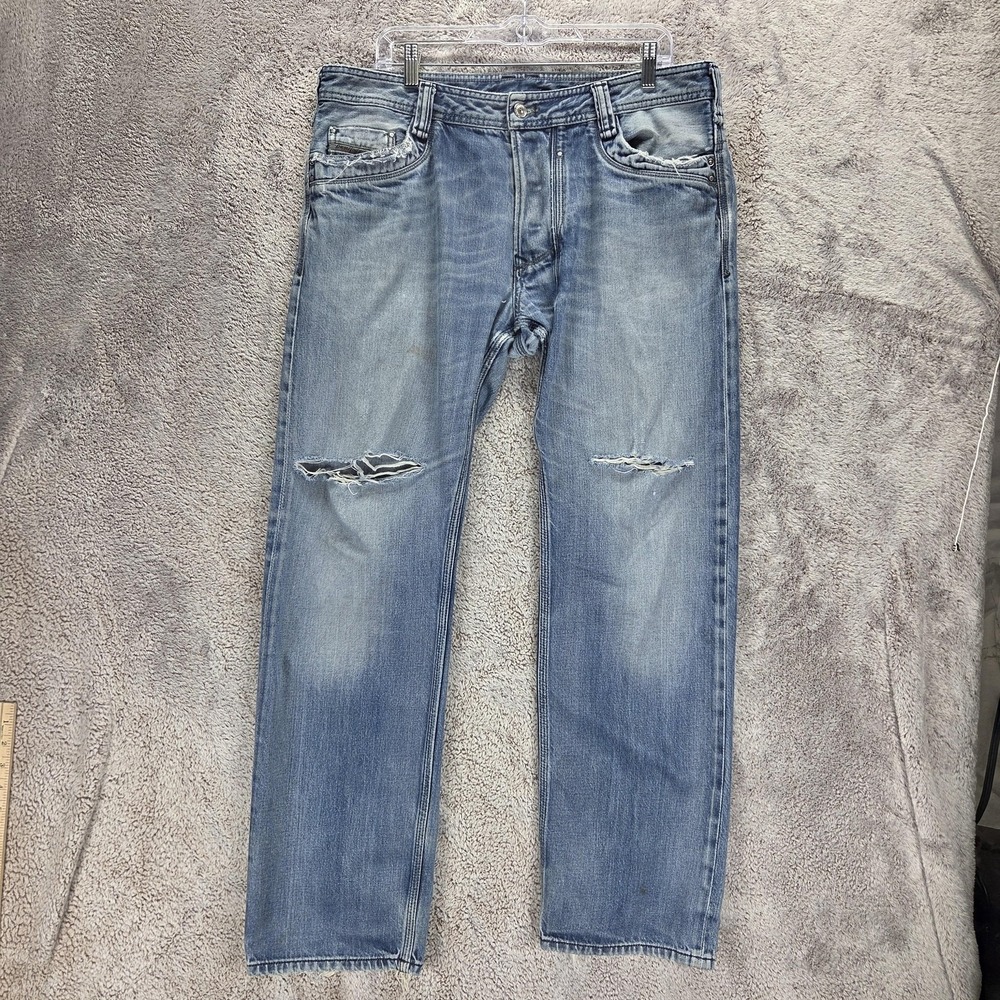 Diesel Jeans Mens 36x32 Blue Timmen Regular Straight Button Altered Hem 008XR
